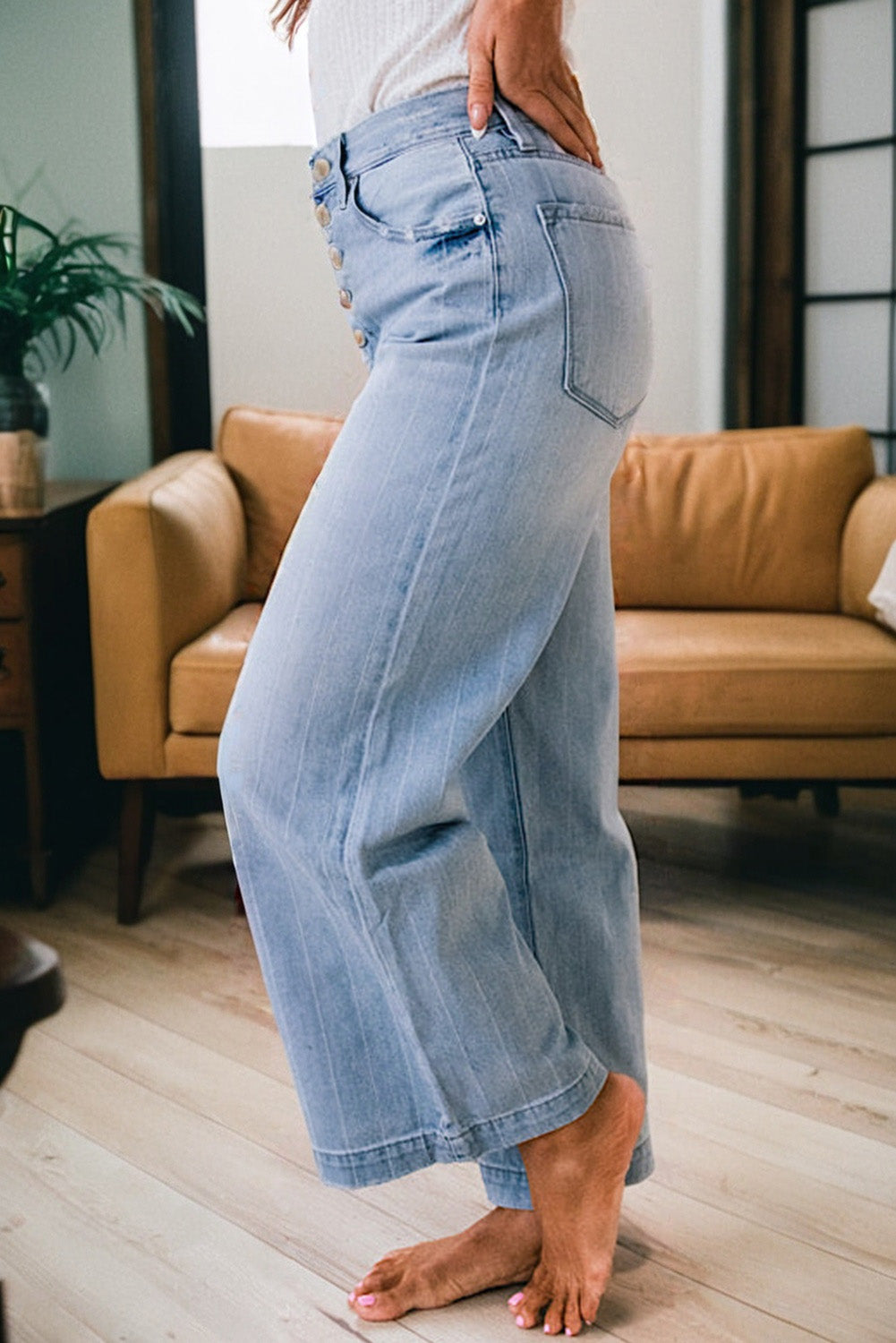 Comfy Multi Button Pinstripe Wide Leg Jeans (Size 4 - 16)
