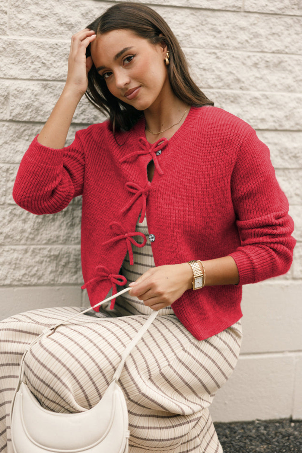Classic Ribbed Knit Bow Buttoned Cardigan in 2 Colors