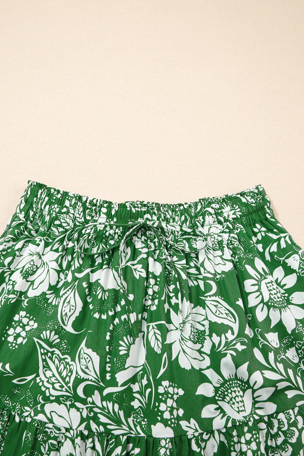 Green Floral Shirred Crop Top and High Waist Midi Skirt Set