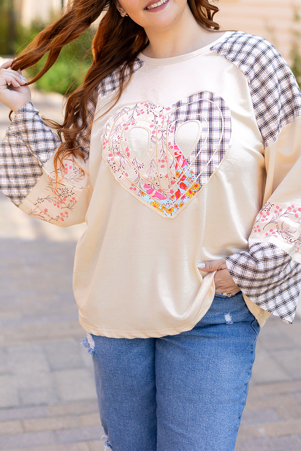 Plaid Floral Love Peace Bishop Sleeve Shirt S - 3X