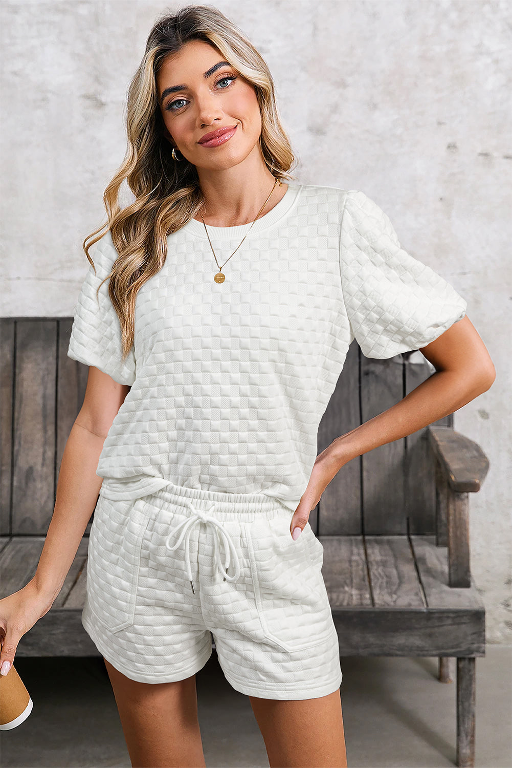 Elegant Puff Sleeve Checkered Texture Shorts Outfit