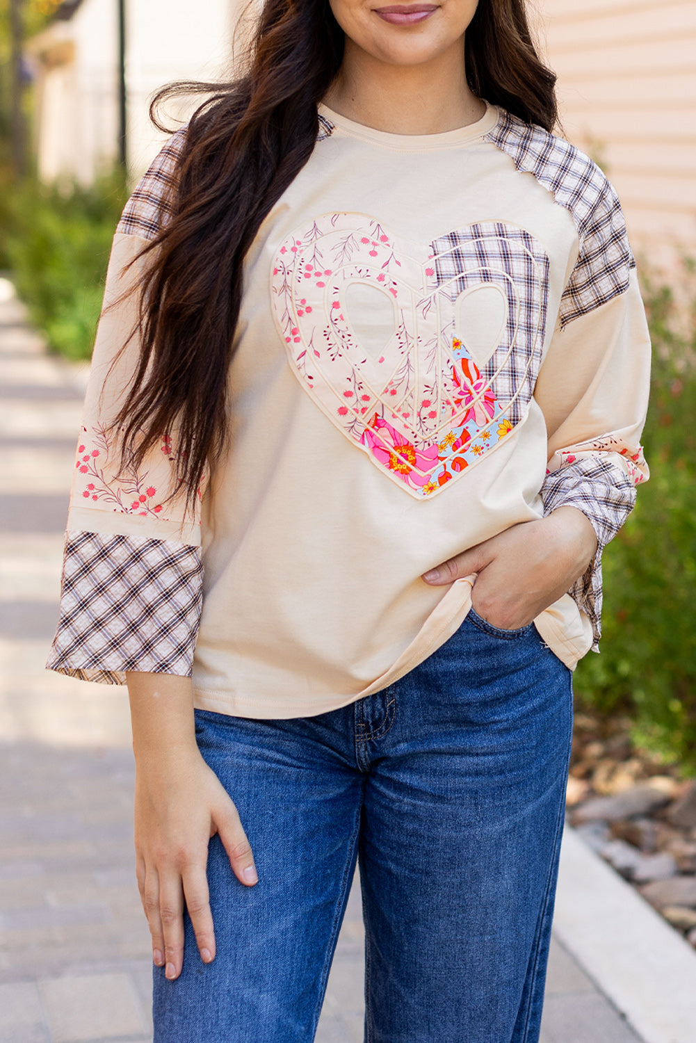 Plaid Floral Love Peace Bishop Sleeve Shirt S - 3X
