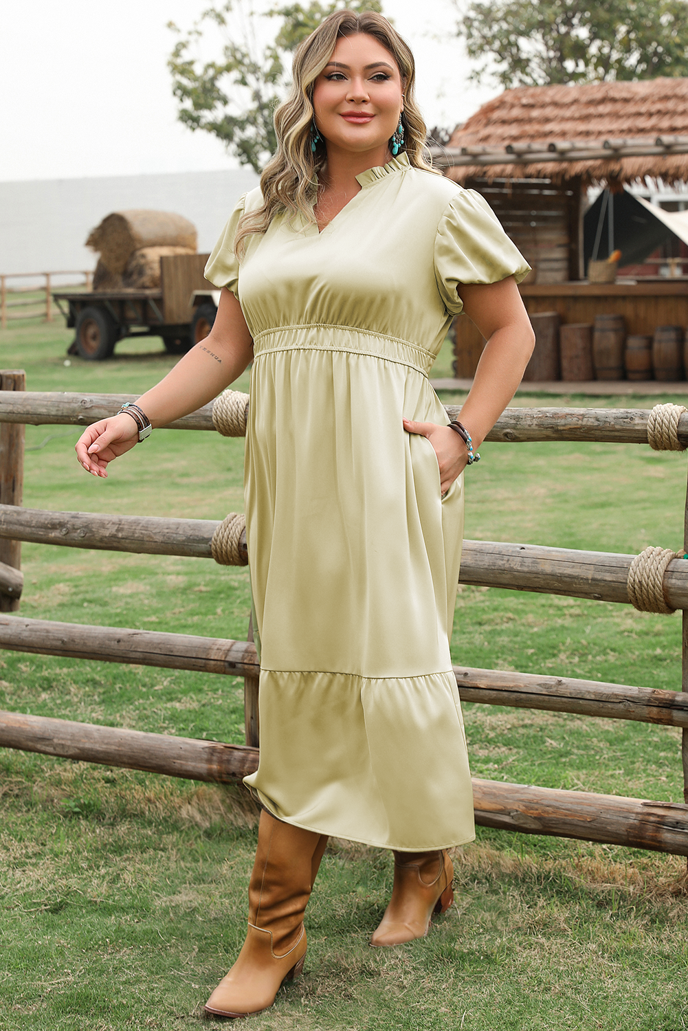 Luxurious Notched V Neck Puff Sleeve Tiered Maxi Dress (1X - 4X)