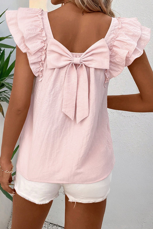 Textured Bow Ruffle Butterfly Sleeve Blouse