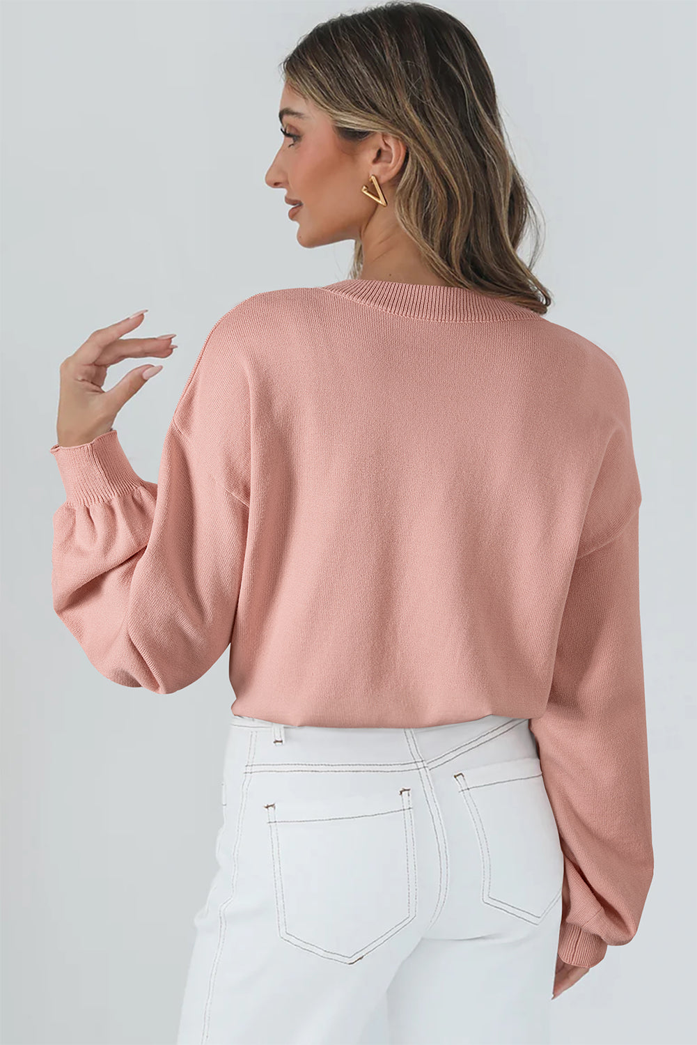 Cozy Flower Bishop Sleeve Knit Peach Sweater