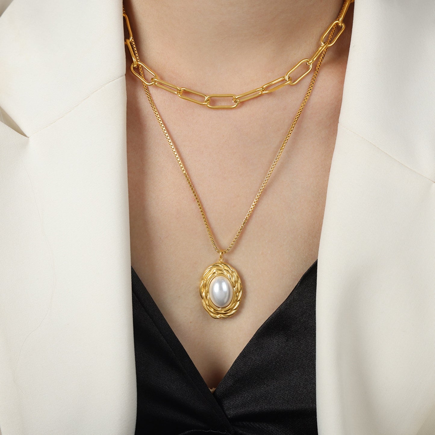 Inlaid Pearl Layered Titanium Steel Necklace