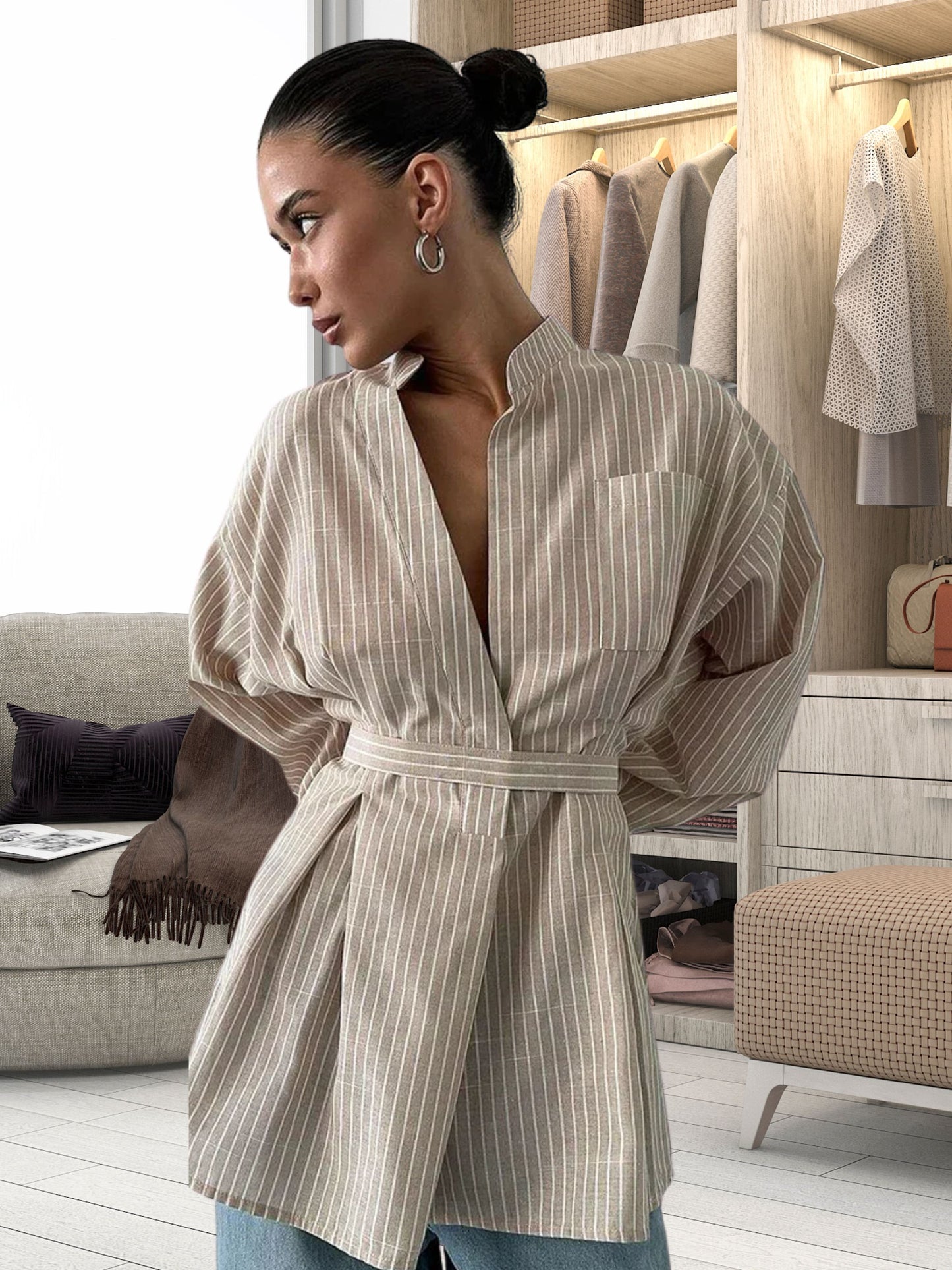 Classic Oversized Button-Up Brown Pinstripe Shirt