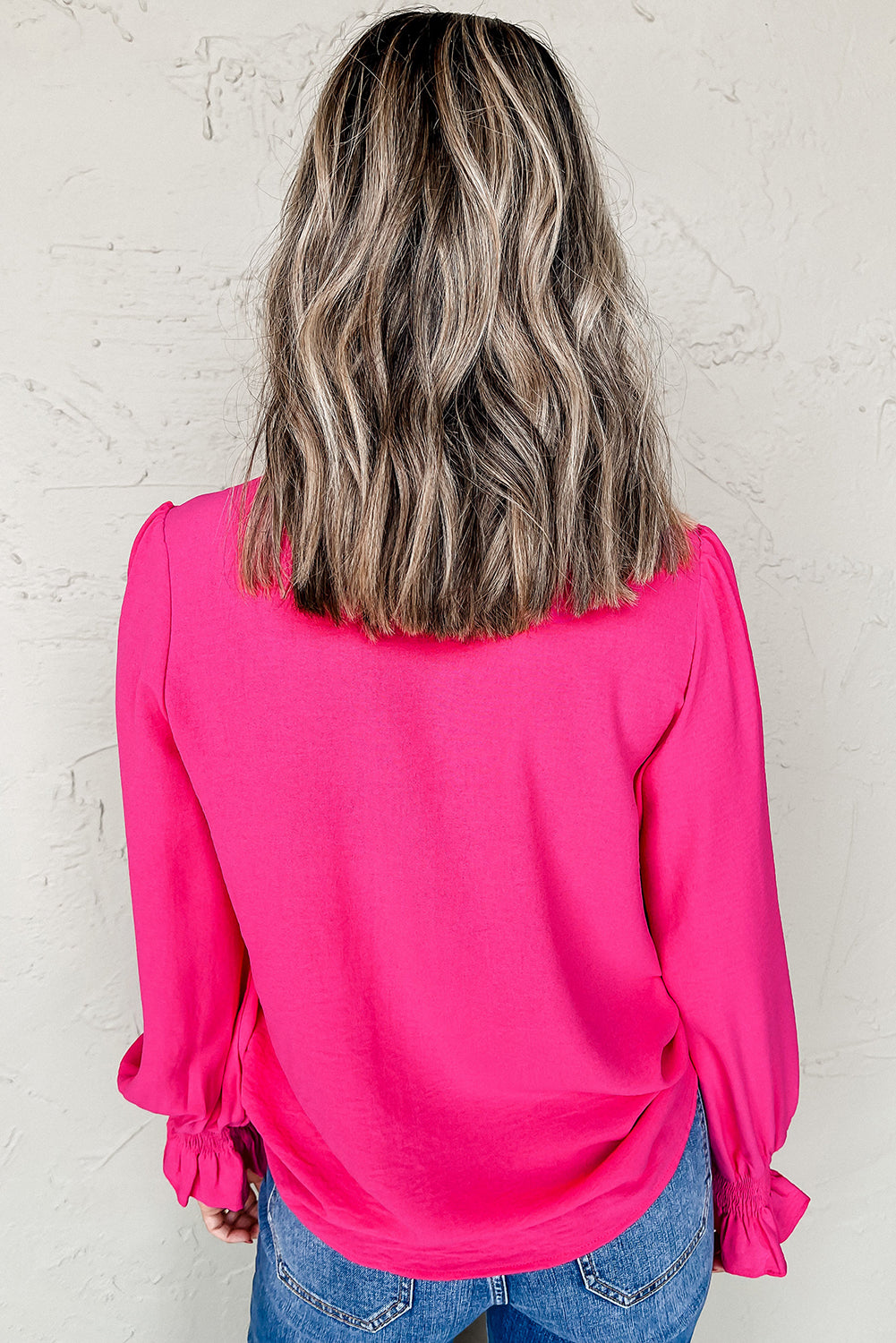 Elegant Notch V Neck Shirred Cuff Sleeve Blouse