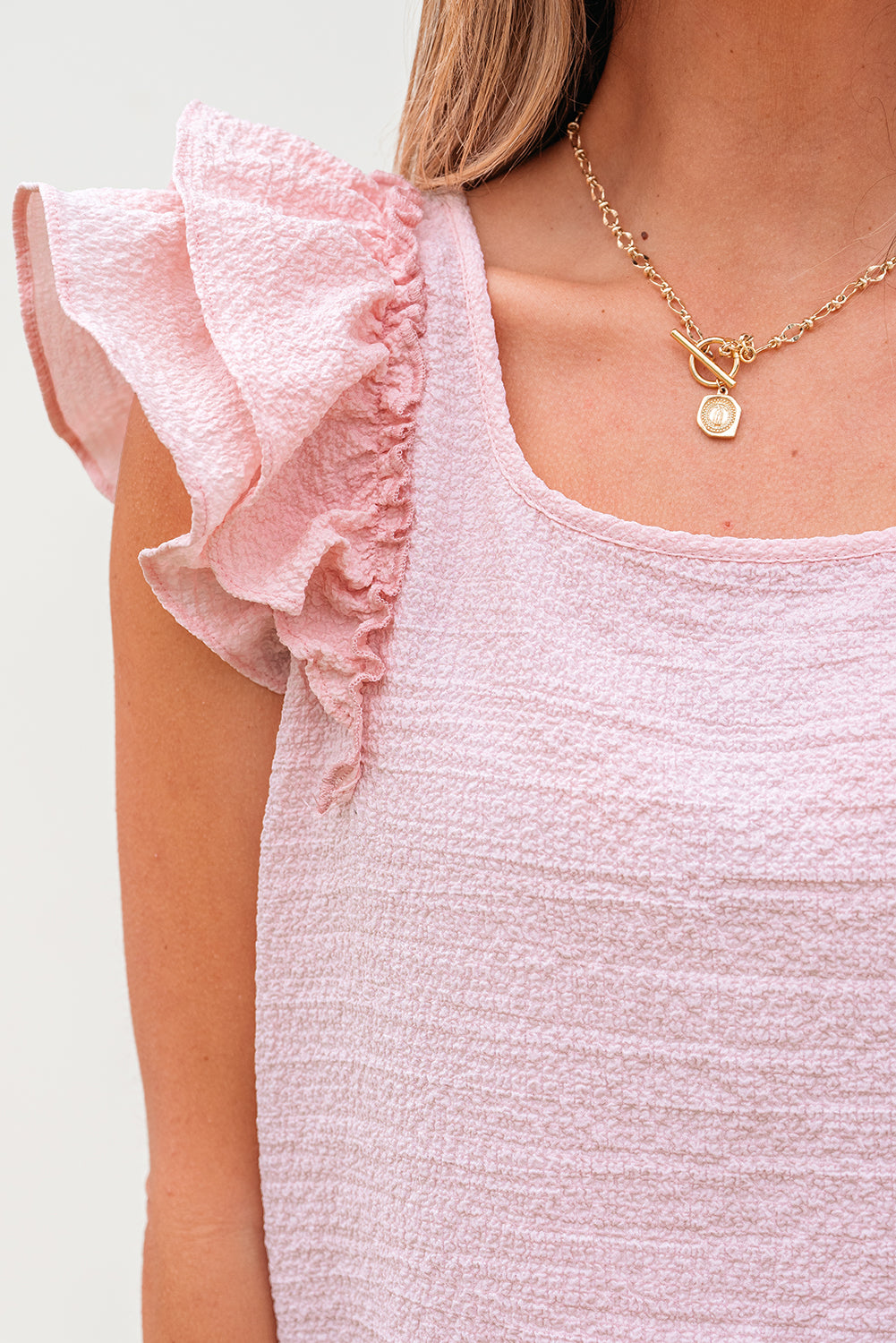 Textured Bow Ruffle Butterfly Sleeve Blouse