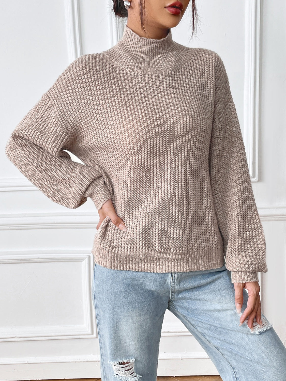 Cozy Turtleneck Mocha Waffle Knit Sweater