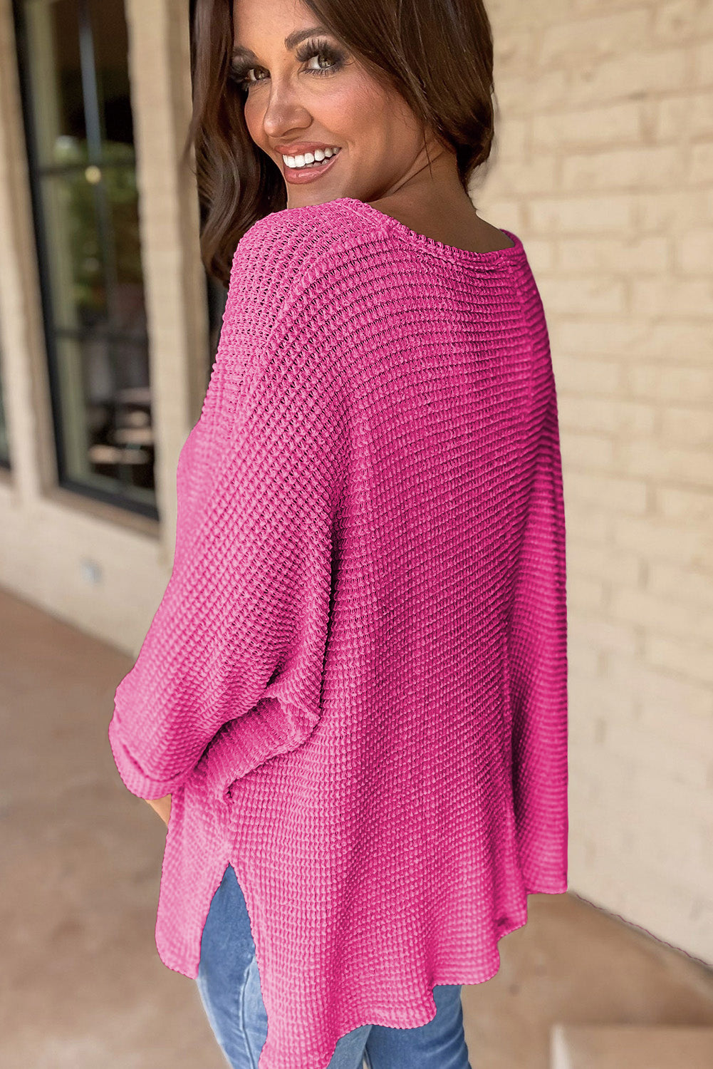 Casual Waffle Knit V Neck Boyfriend Shirt