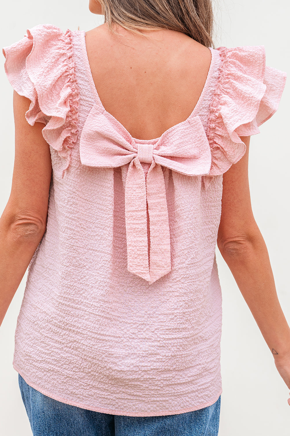 Textured Bow Ruffle Butterfly Sleeve Blouse