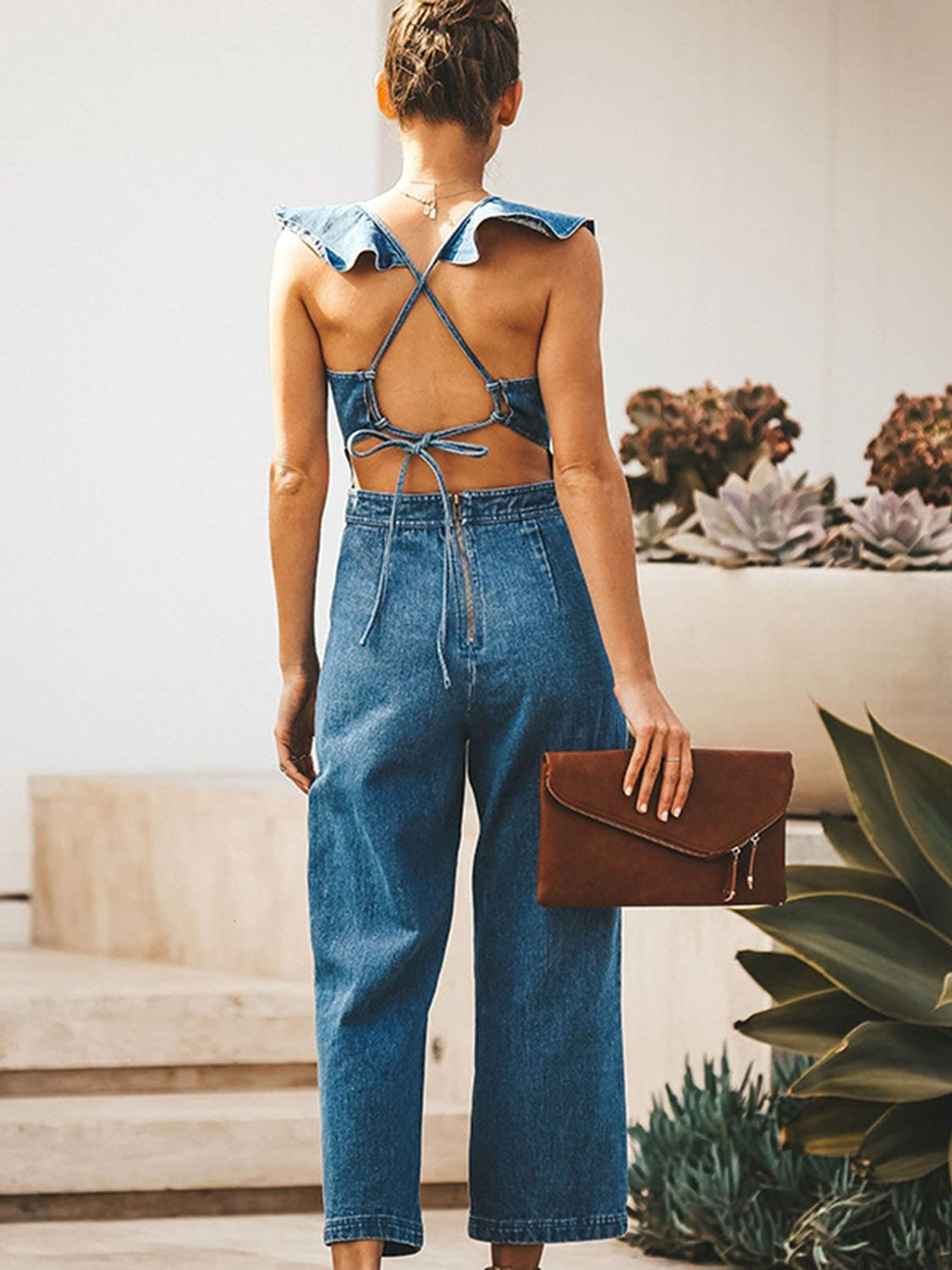 Edgy Chic Ruffle Backless Denim Jumpsuit