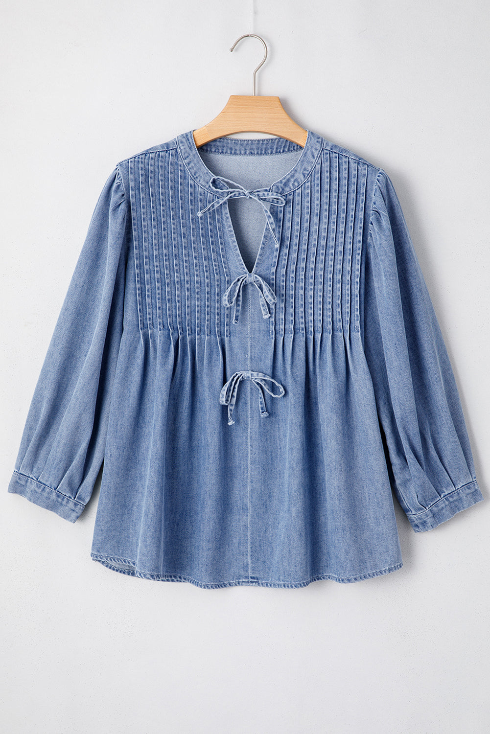 Elegant Bow Denim Pintuck Puff Sleeve Shirt