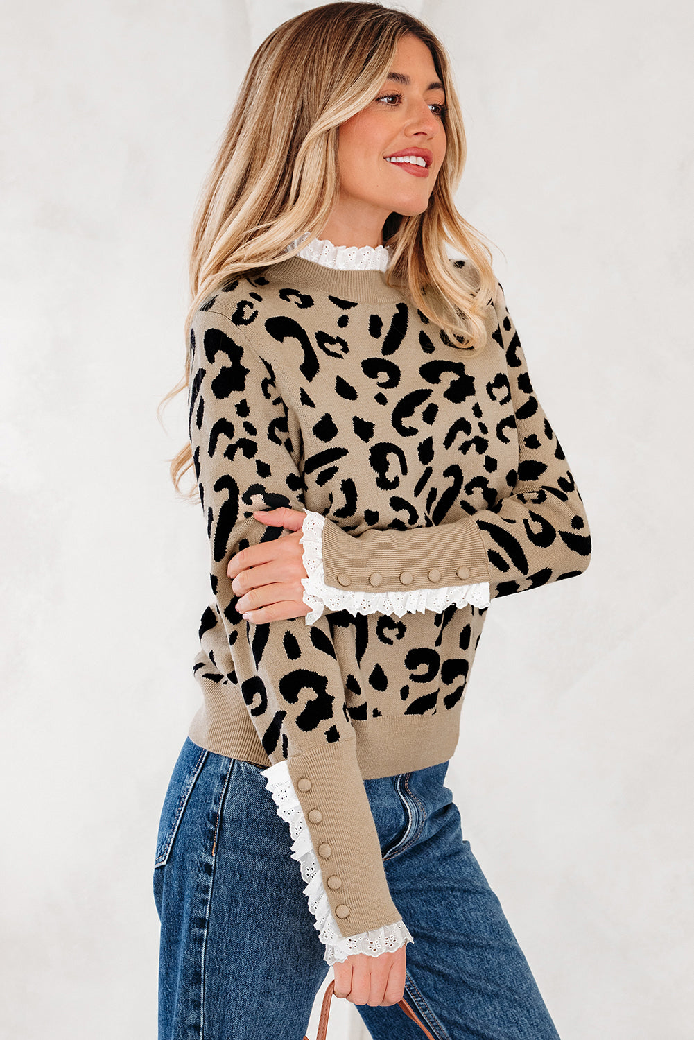 LaurenNichole Classy Brown Leopard Buttoned Down Ruffled Cuffed Sweater