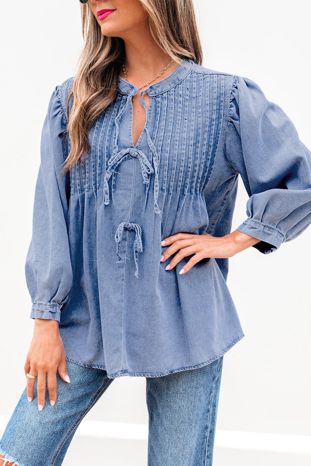 Elegant Bow Denim Pintuck Puff Sleeve Shirt