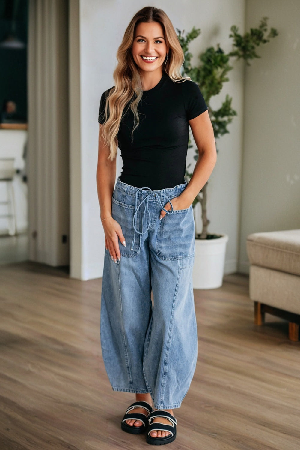 High Waist Paperbag Drawstring Barrel Jeans