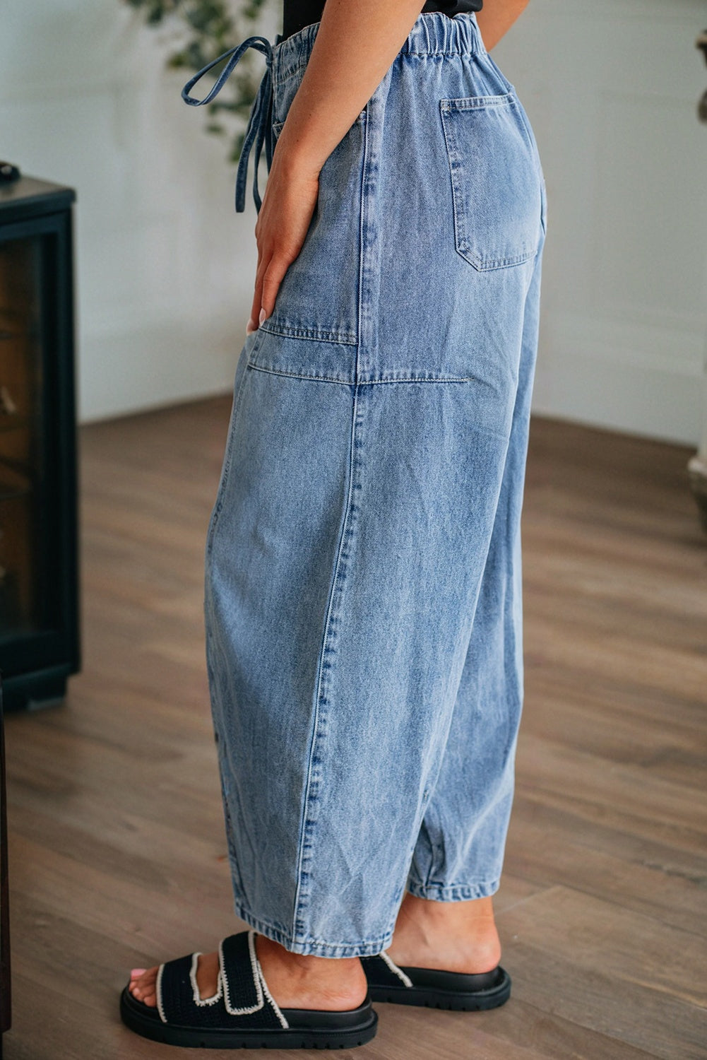 High Waist Paperbag Drawstring Barrel Jeans