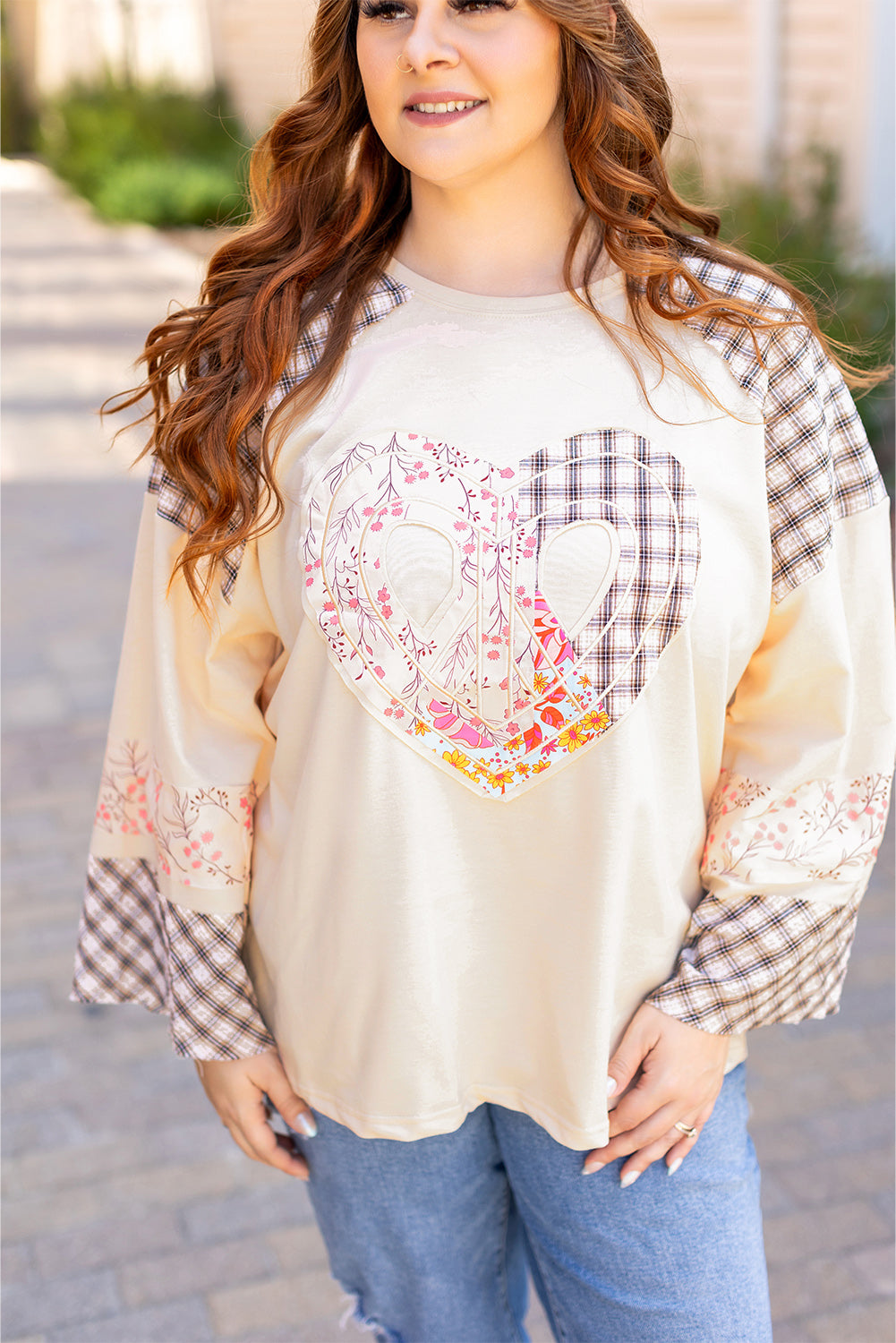 Plaid Floral Love Peace Bishop Sleeve Shirt S - 3X