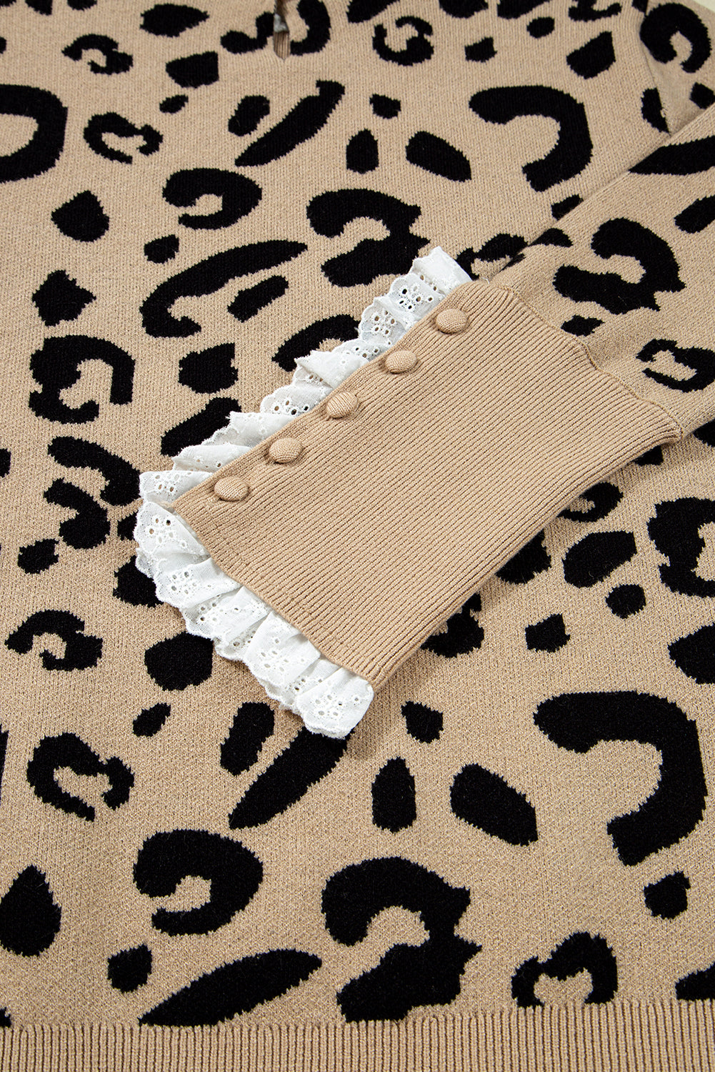 LaurenNichole Classy Brown Leopard Buttoned Down Ruffled Cuffed Sweater