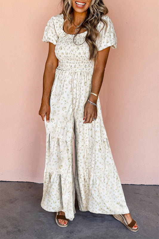 Summery Floral Puff Sleeve Smocked Wide Leg Jumpsuit