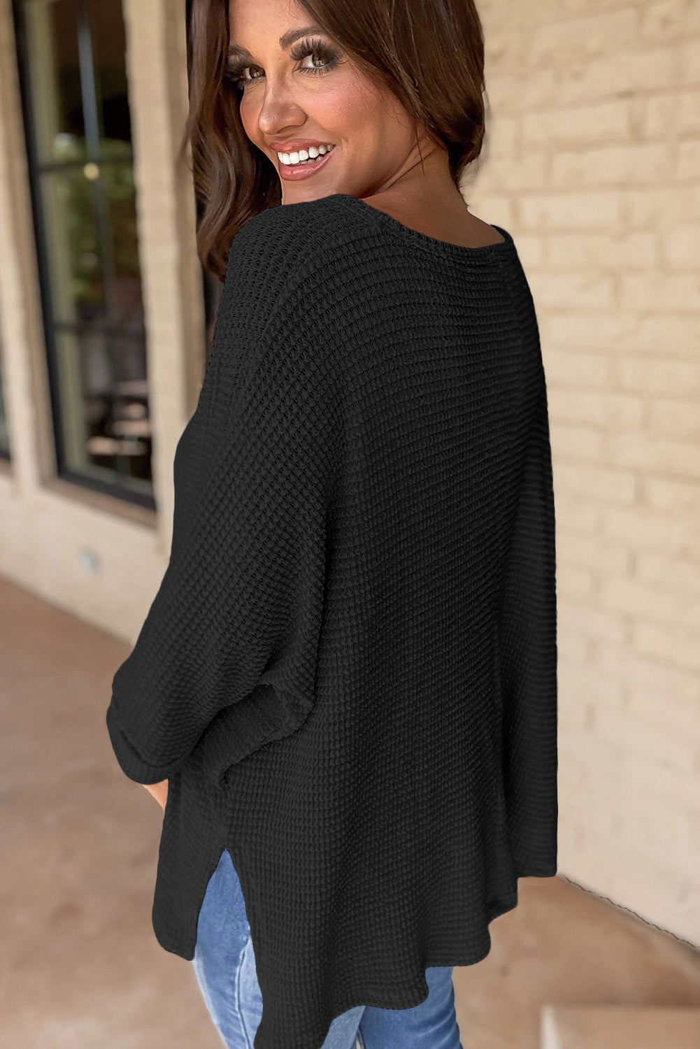 Casual Waffle Knit V Neck Boyfriend Shirt
