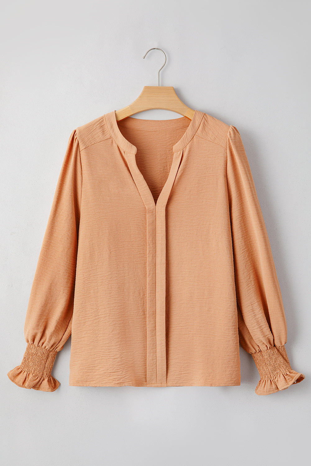 Elegant Notch V Neck Shirred Cuff Sleeve Blouse