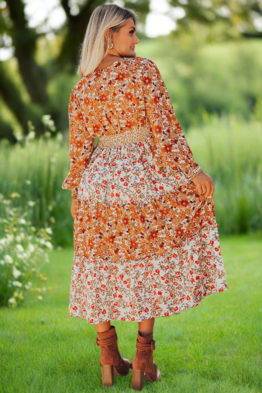 Khaki  Floral Tiered Ruffle Maxi Dress (1X - 4X)