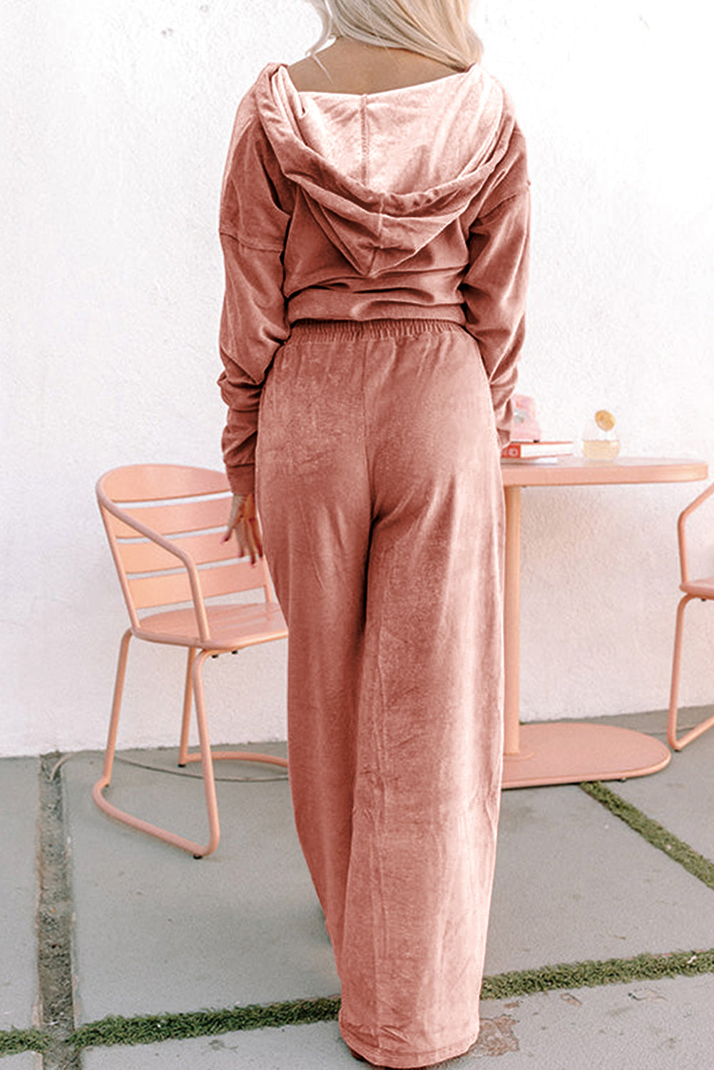 Comfy Peach Velvet Zip-Up Hoodie + Wide Leg Pants Outfit at LaurenNichole