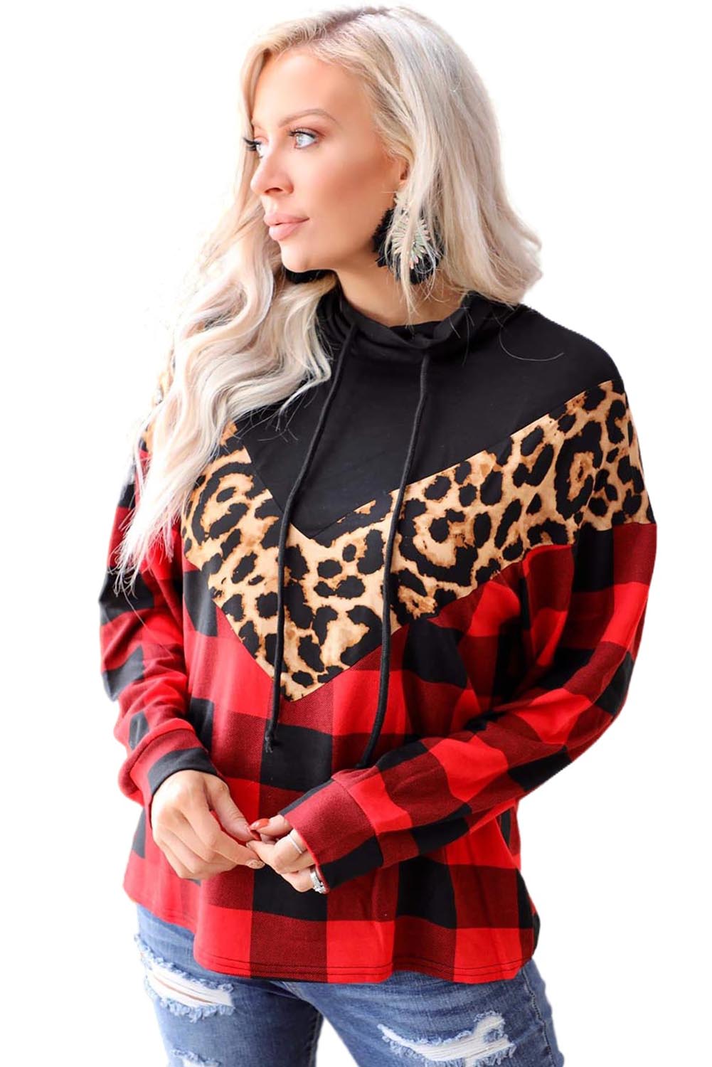 Chevron Plaid Leopard Turtleneck Sweatshirt