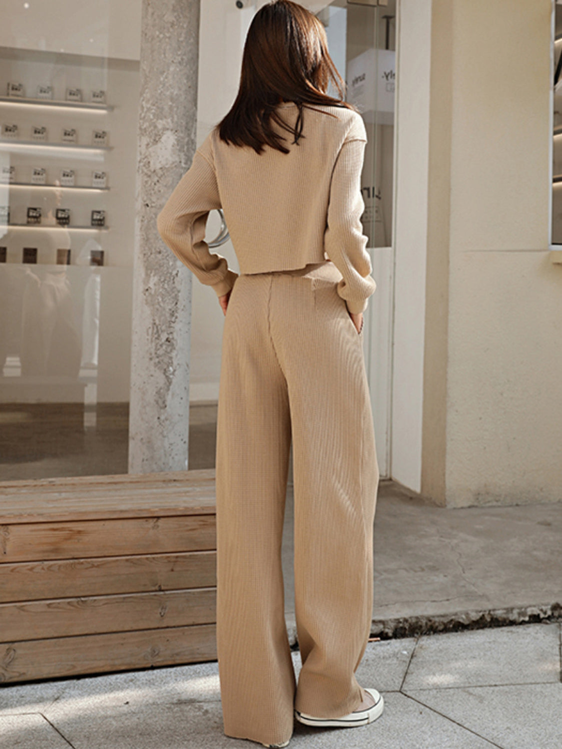 Waffle-Knit Round Neck Shirt /Pants Outfit