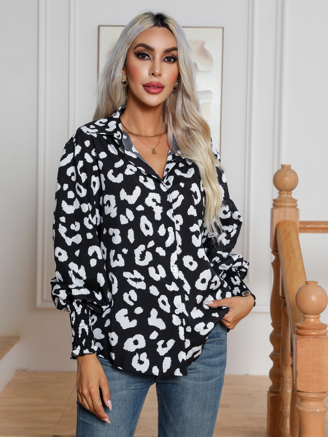 Black Retro Collared Neck Button Down Shirt S - 2X