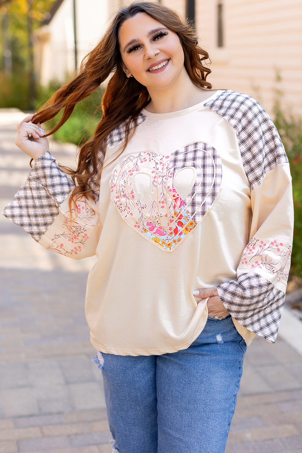 Plaid Floral Love Peace Bishop Sleeve Shirt S - 3X