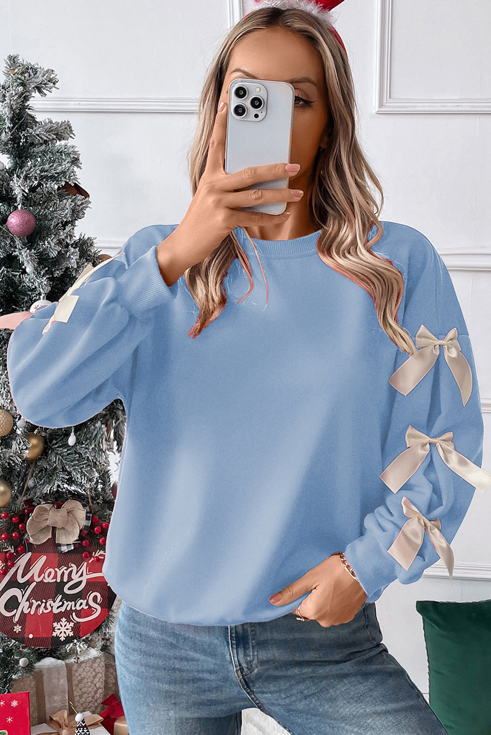 Classic Contrast Bow Sleeve Bow Crewneck Sweatshirt