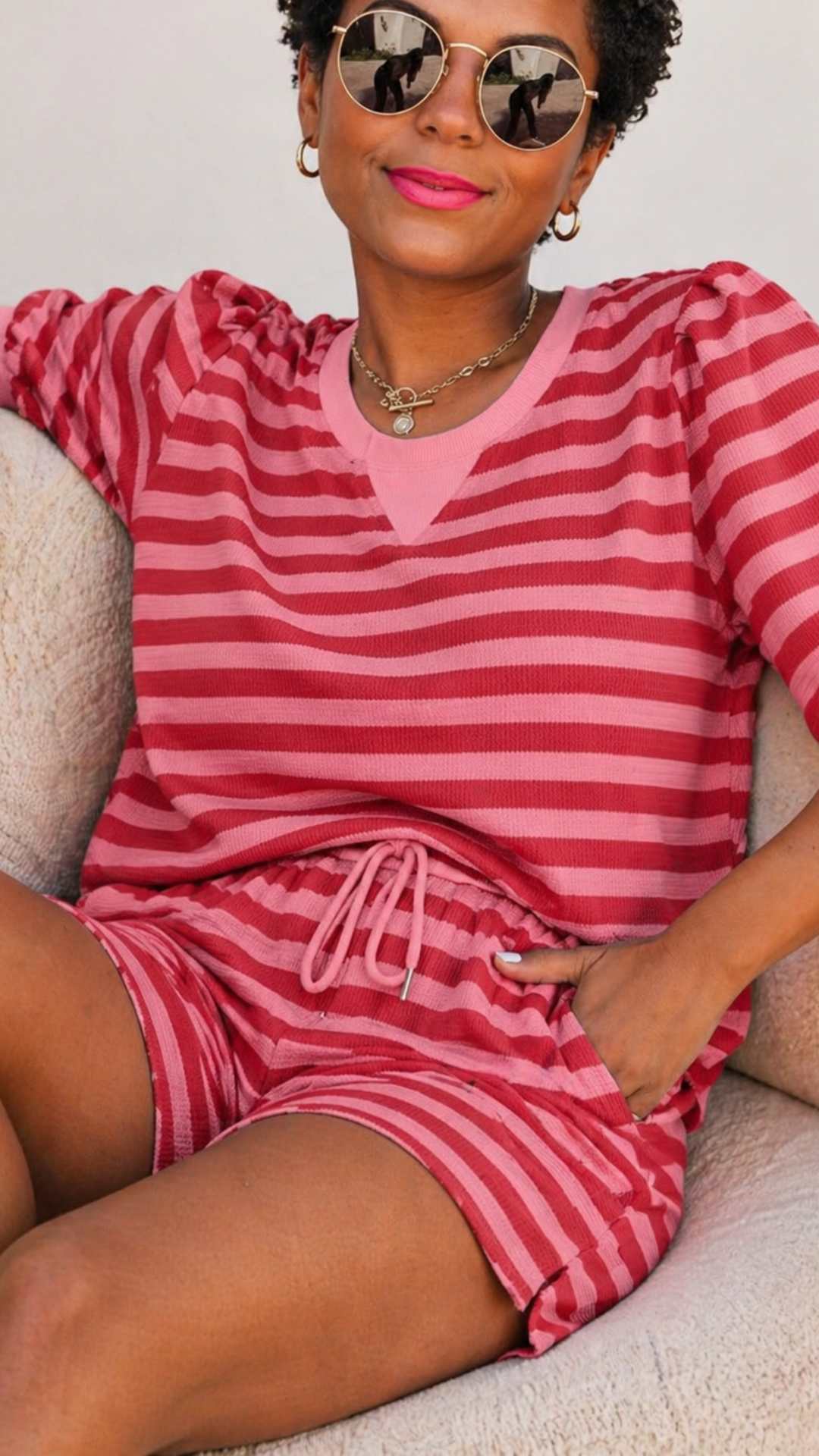 LaurenNichole Daydream Stripe Puff Sleeve Lounge Outfit – Effortless Outfits Size S - 2X