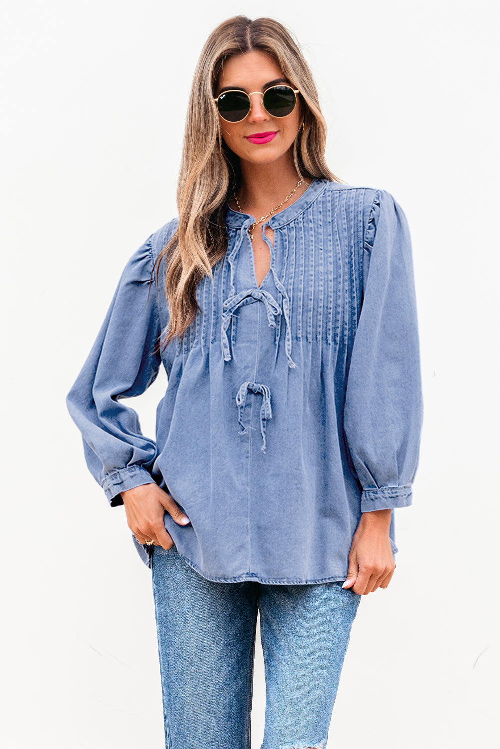 Elegant Bow Denim Pintuck Puff Sleeve Shirt