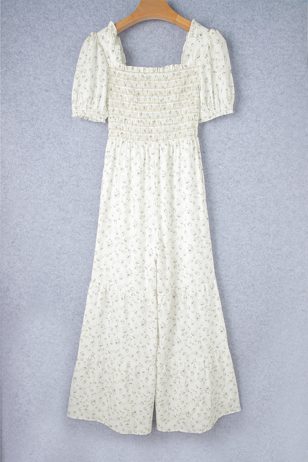 Summery Floral Puff Sleeve Smocked Wide Leg Jumpsuit