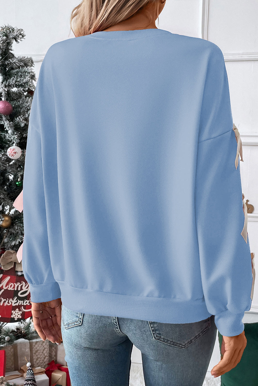 Classic Contrast Bow Sleeve Bow Crewneck Sweatshirt