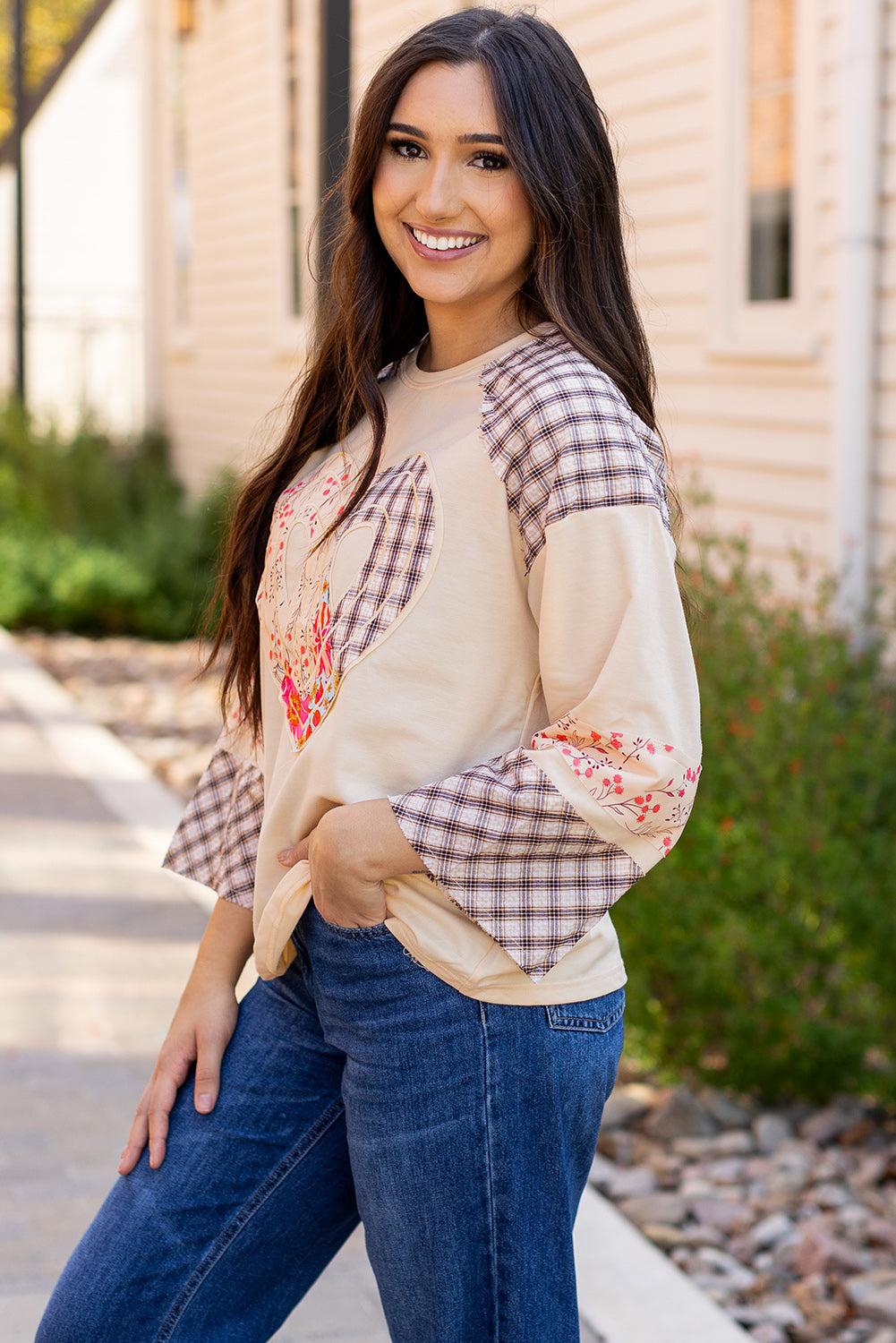 Plaid Floral Love Peace Bishop Sleeve Shirt S - 3X