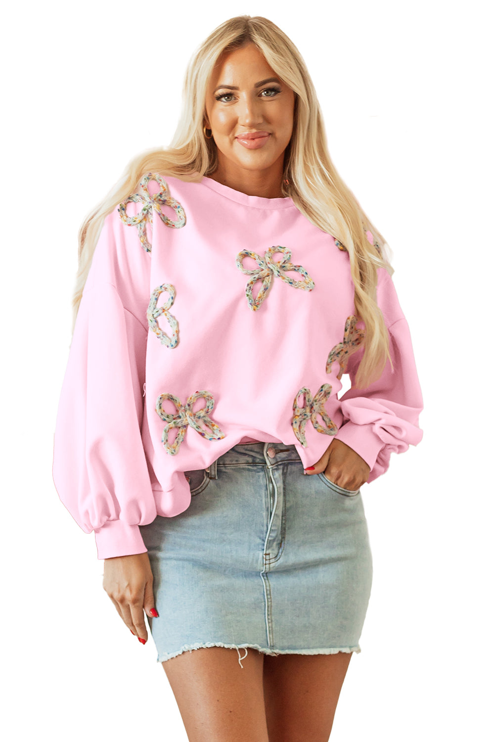 Embroidered Bow Lantern Sleeve Sweatshirt in 2 Colors (S - 3X)