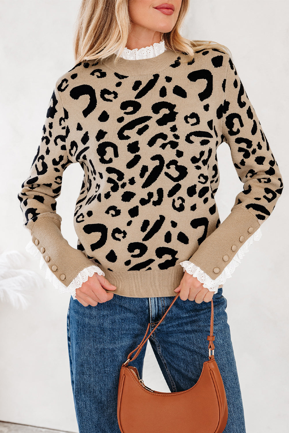 LaurenNichole Classy Brown Leopard Buttoned Down Ruffled Cuffed Sweater