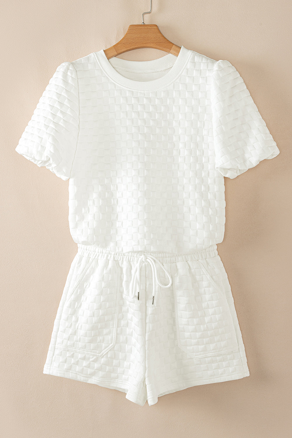 Elegant Puff Sleeve Checkered Texture Shorts Outfit