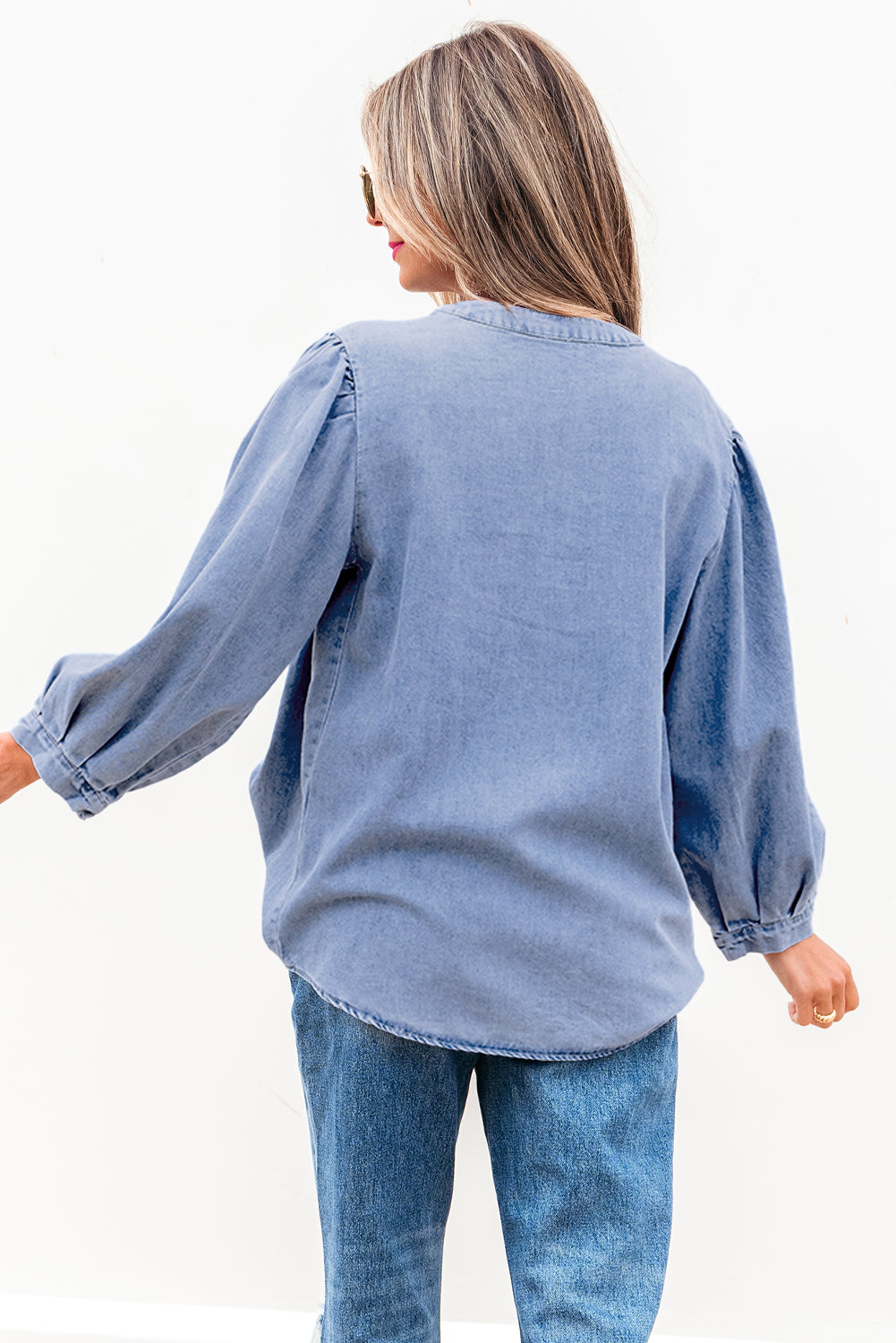 Elegant Bow Denim Pintuck Puff Sleeve Shirt