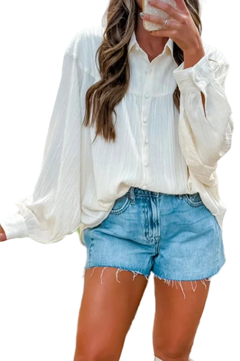 White Crinkled Texture Lantern Sleeve Button Down Loose Shirt