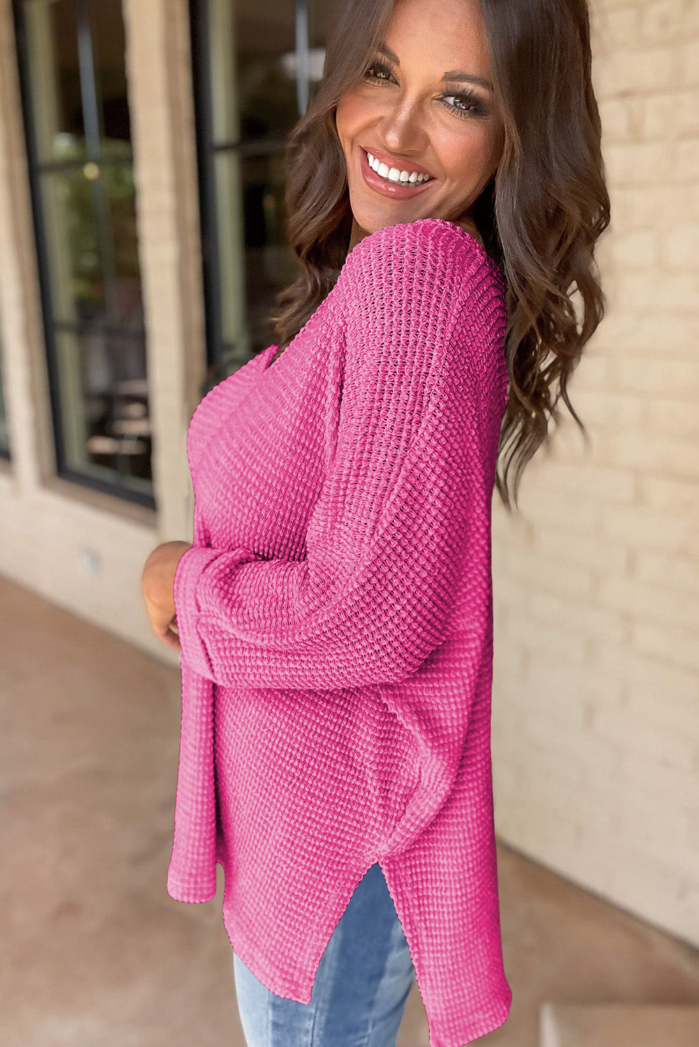 Casual Waffle Knit V Neck Boyfriend Shirt