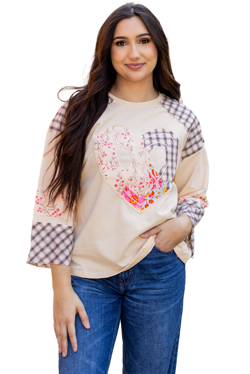 Plaid Floral Love Peace Bishop Sleeve Shirt S - 3X