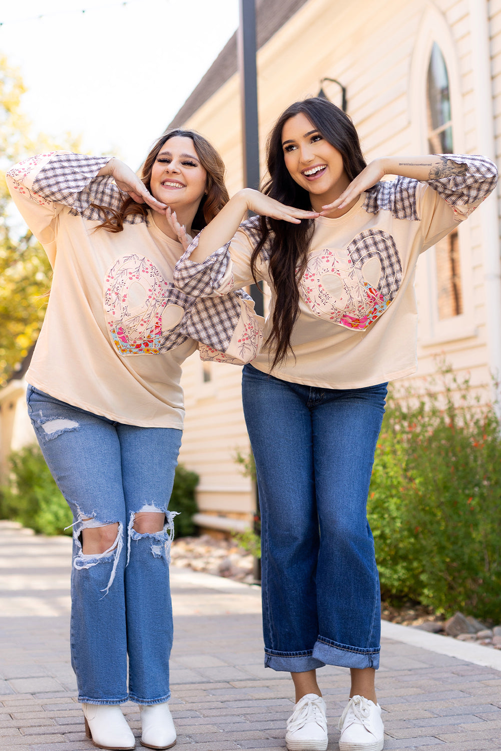 Plaid Floral Love Peace Bishop Sleeve Shirt S - 3X