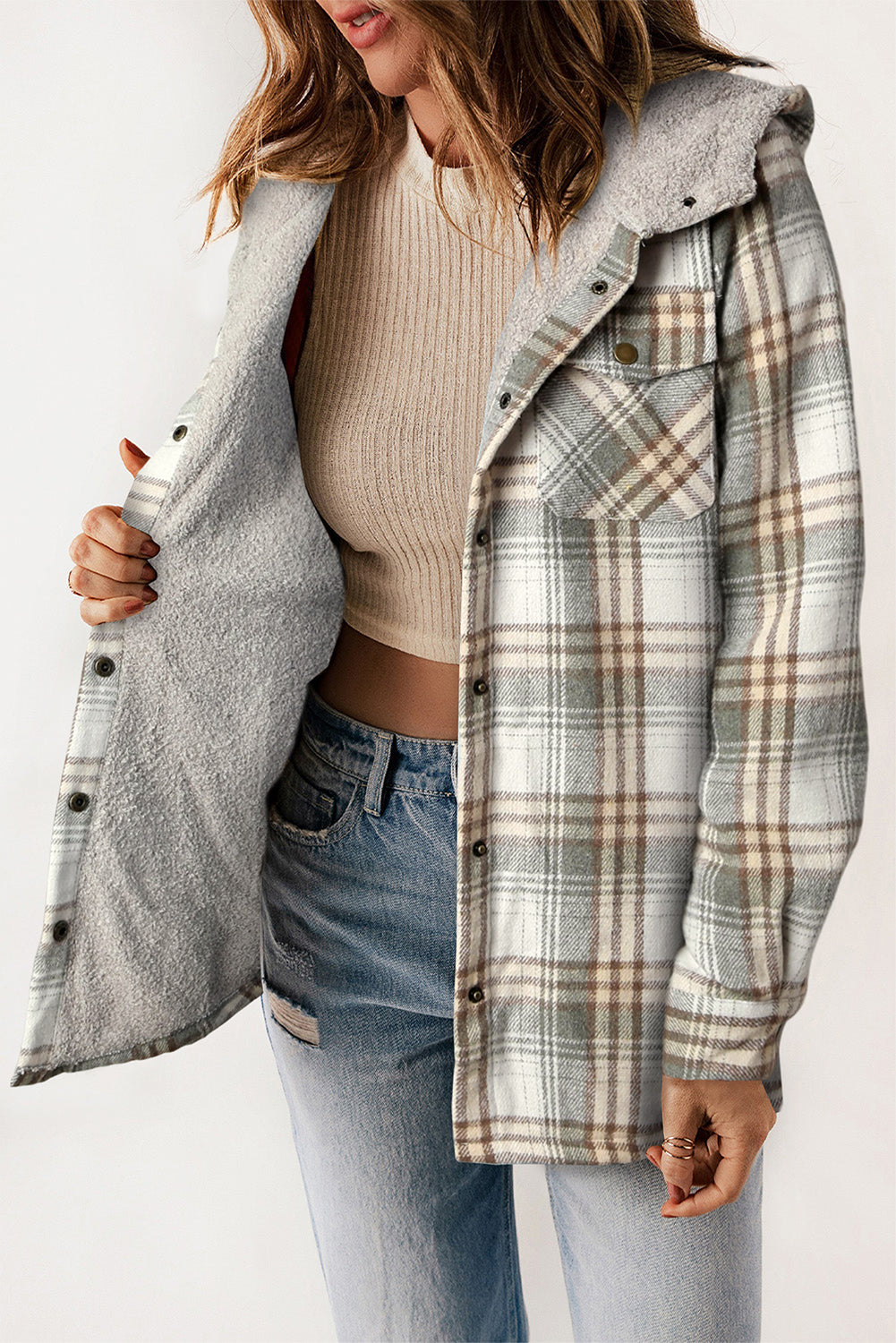 Cozy Plush Plaid Sherpa Hoodie Shacket