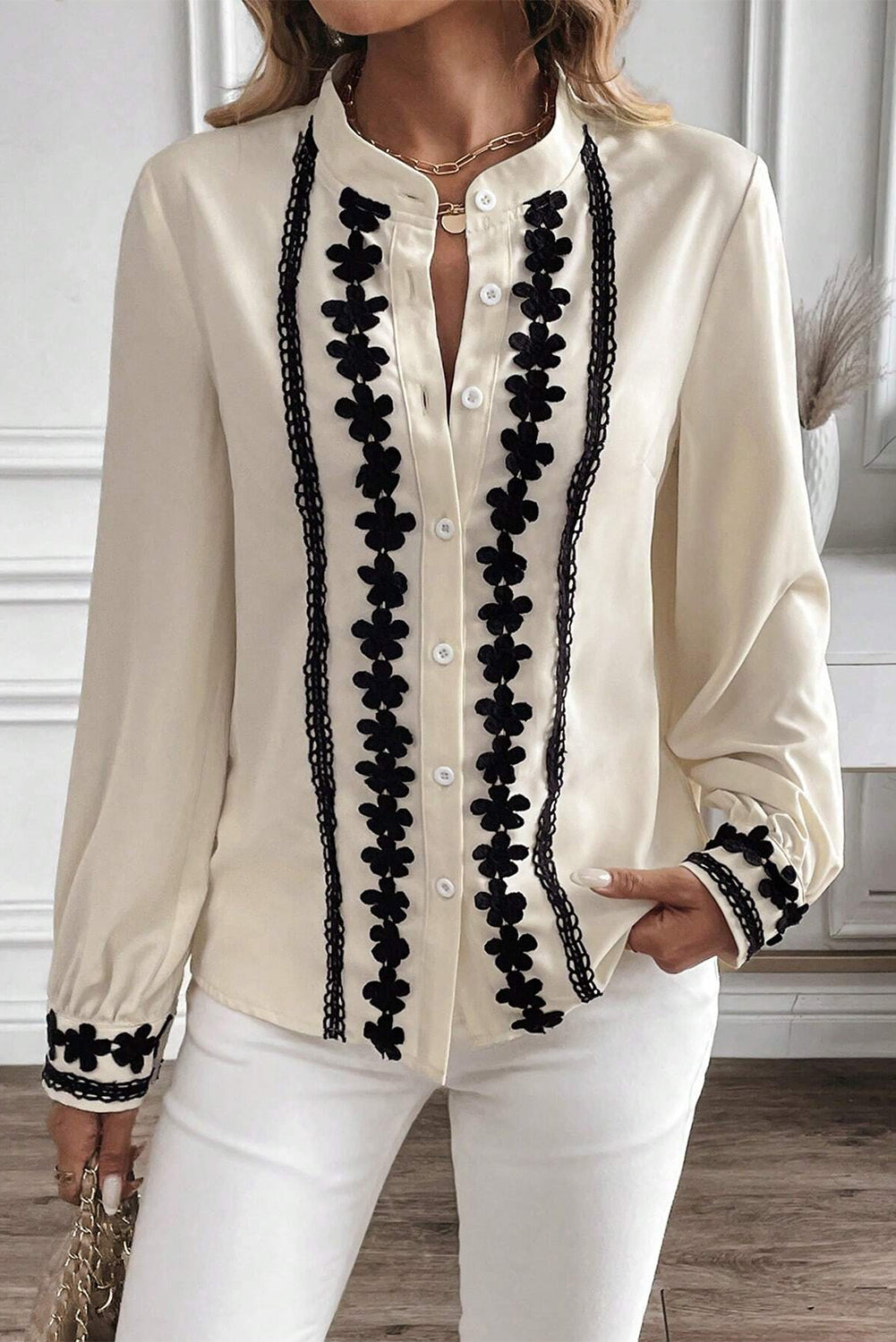 Floral Embroidered V-Neck Button Up Shirt