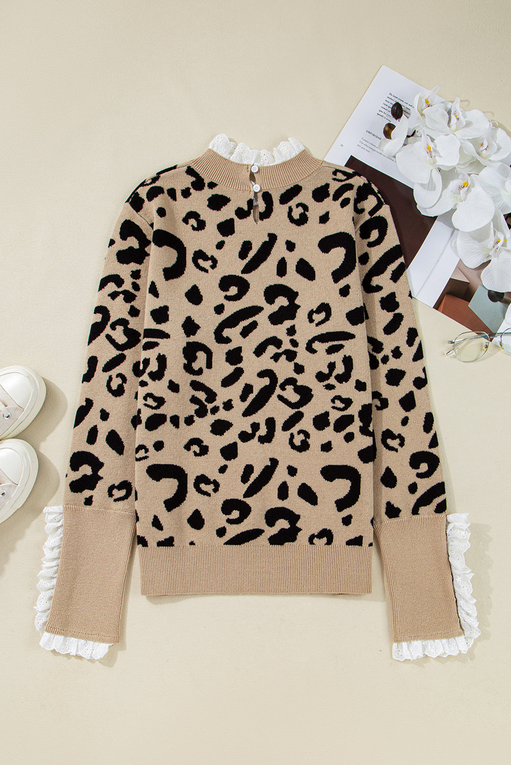 LaurenNichole Classy Brown Leopard Buttoned Down Ruffled Cuffed Sweater